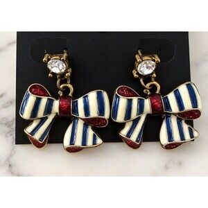 Vintage Enamel Bow Earrings Rhinestone Studs Red White Blue Striped Americana